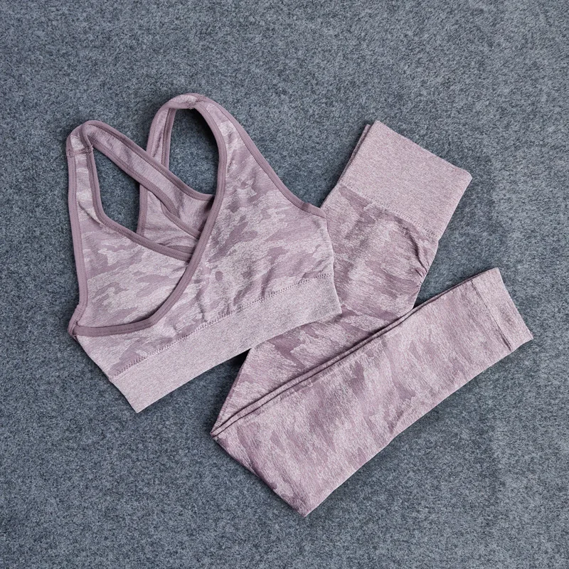 

2Pcs Women Yoga Set Seamless Camouflage Fitness Clothing Sportswear Gym Leggings Padded Push Up Strappy Sports Bra Sports Suits