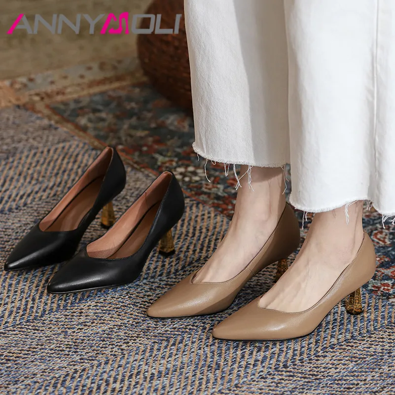 

ANNYMOLI Natural Genuine Leather High Heels Women Pumps Stiletto Heel Shoes Pointed Toe Dress Shoes Office Ladies Footwear Black