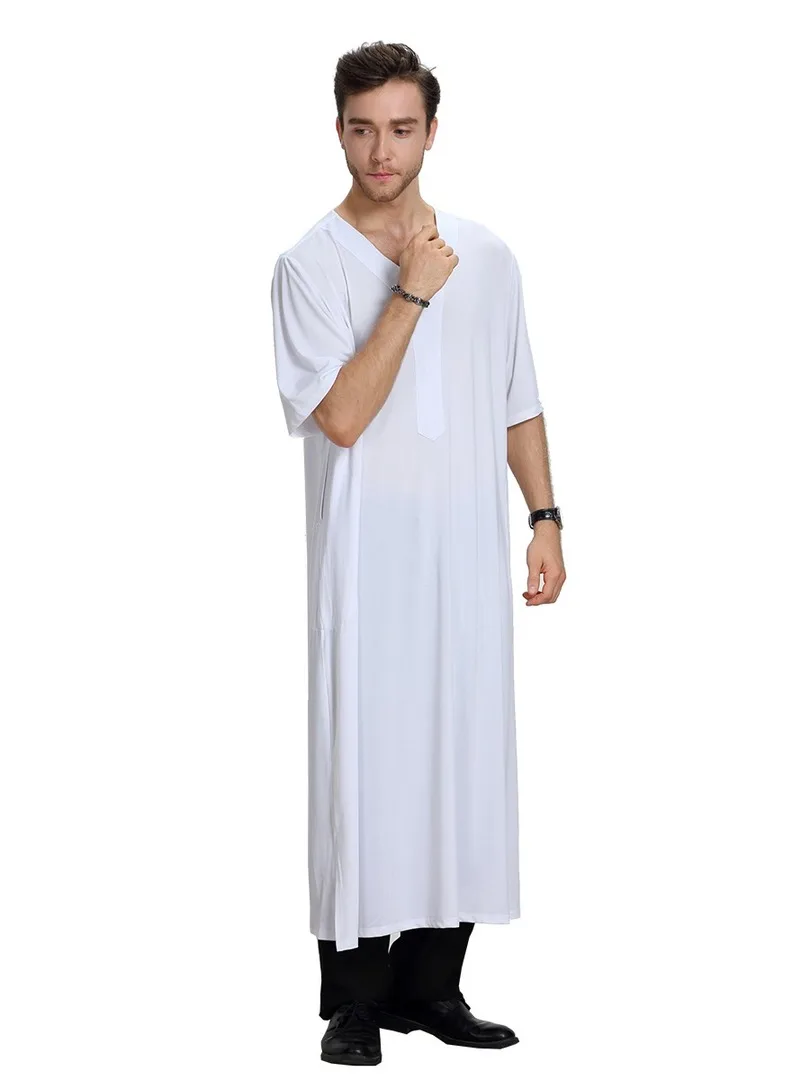 Islamic Men's Clothing Abaya Short Sleeve Loose Shirt Dress Jilbab Moslem Robe Muslim Jubba Thobe Middle East Kaftan Dubai Arab