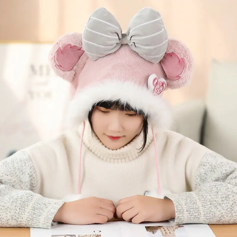 

JY Cute Winter Warm Thick Plush Ball Hat Duffy Shirley Children Adult Bowknot Ear Protection Windshield Cap WJ03