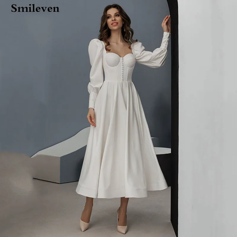 

Женское атласное свадебное платье Smileven, ТРАПЕЦИЕВИДНОЕ ПЛАТЬЕ С Пышными длинными рукавами, платье для невесты, 2021