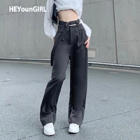 heyoungirl casual baggy vintage suit pants capris hollow out loose high waisted trousers women fashion pocket sweatpants ladies