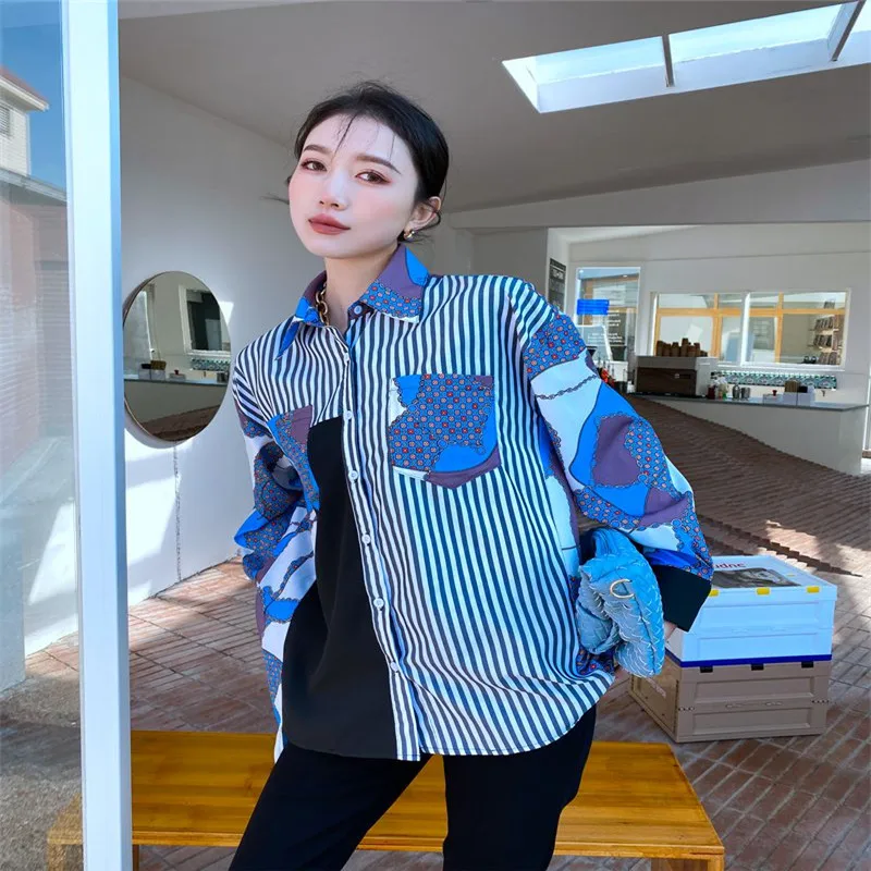 

RUGOD 2021 spring new striped shirt printing retro loose design niche thin top