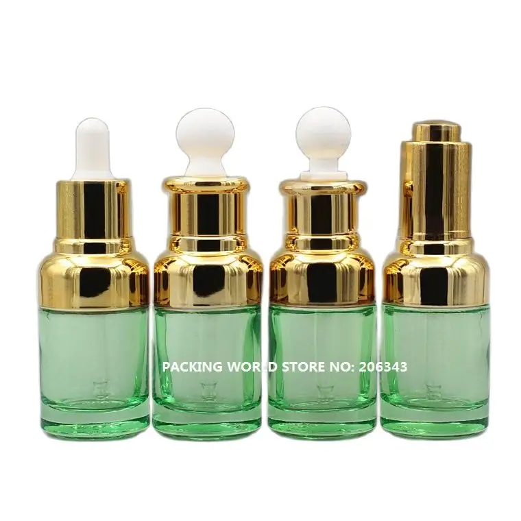 Зеленая стеклянная бутылка 20 мл с золотым плечиком и воротником капельница для
