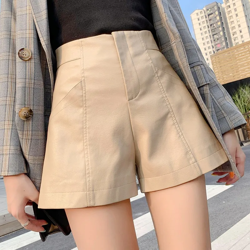 

Кожаные шорты женские на весну и весну, новинка 2021, свободные универсальные трапециевидные брюки с высокой талией, облегающие ботинки, шорт...