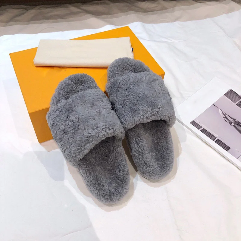 

Сланцы женские шерстяные, дизайнерские шлепанцы с рисунком, модные роскошные меховые тапочки, зимние люксовые, мюли