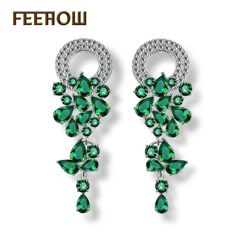 Женские длинные висячие серьги FEEHOW белые капли с зеленым листом свадебные FWEP154|long