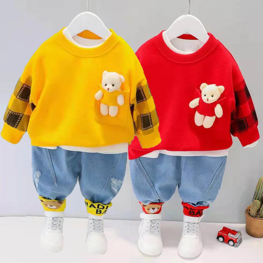 

Baby Boy Clothes Autumn and Winter Children's Suit Cartoon Bear Sweater + Plus Velvet Warm Corduroy Slacks Baby Two-piece Suit