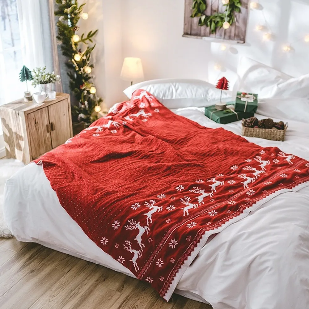 

Christmas Fawn Wool Red Flannel Gray Casual Knitted Holiday Gift Blankets And Throws Home Decoration Bed Blanket-130*180CM