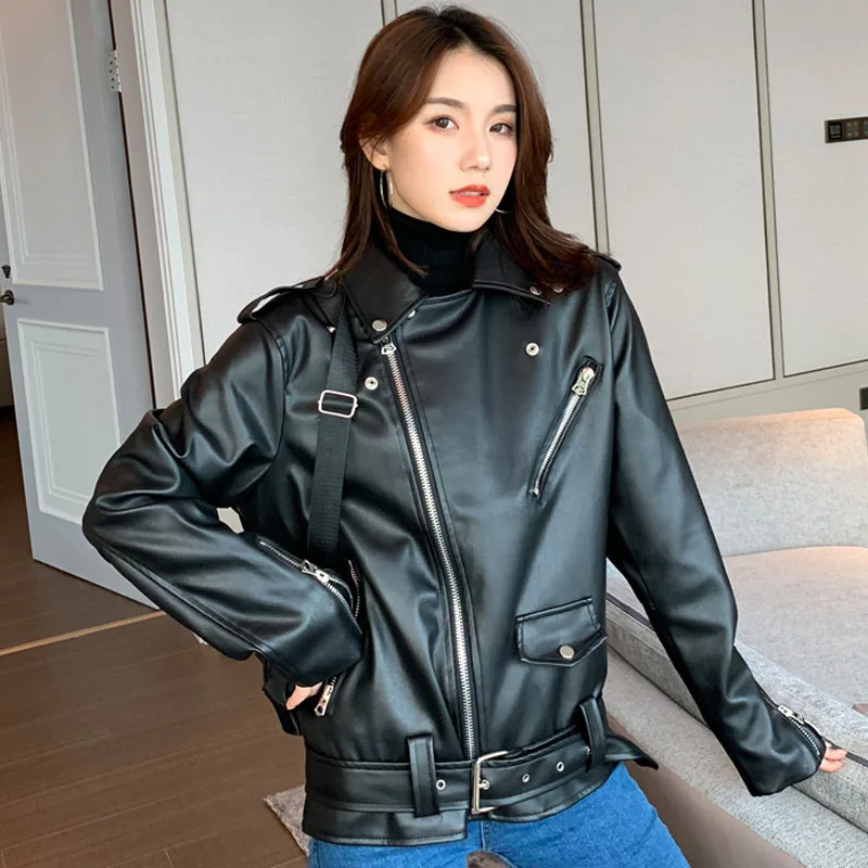 Куртка женская из искусственной кожи короткая Байкерская верхняя одежда в стиле