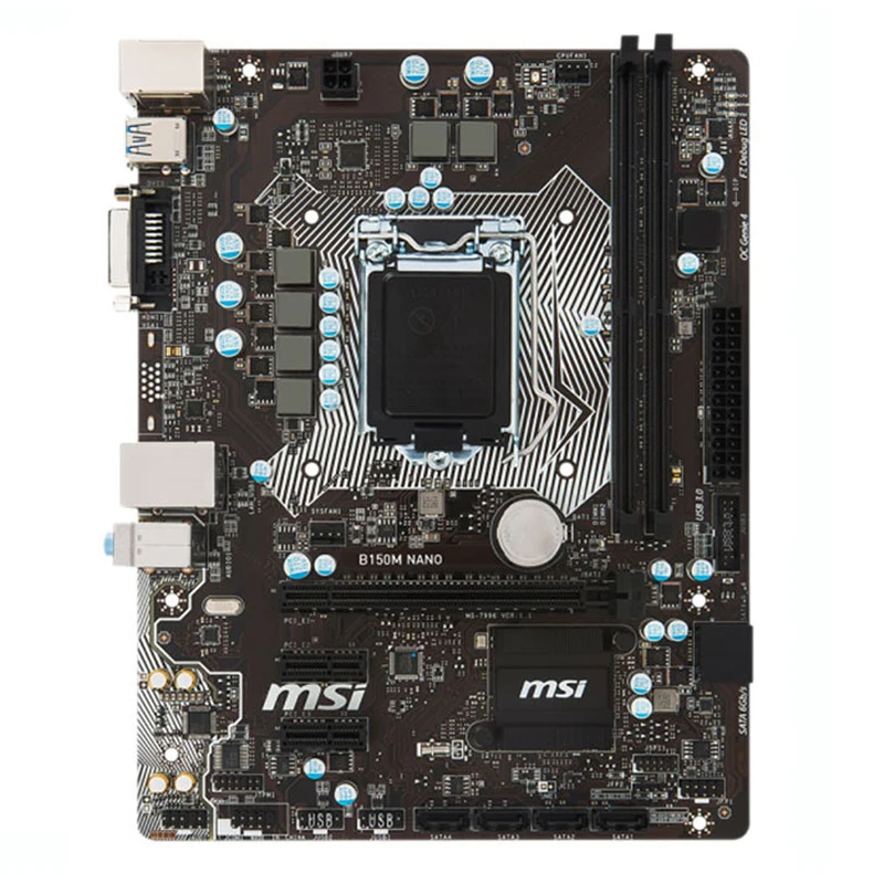

Оригинальная материнская плата MSI B150M NANO LGA 1151 Intel B150 для ПК DDR3 32 Гб Core i7 i5 i3 процессоры PCI-E 3,0 DVI 5 × USB3.1 SATA2 Micro ATX