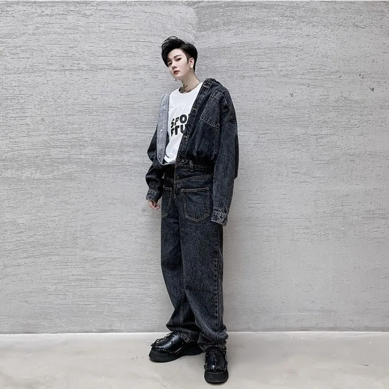

Autumn New Casual Overalls Men Vintage Multi-Pockets Blue Denim Cargo-Pants Single Breasted Long Sleeve Jumpsuit Streetwear