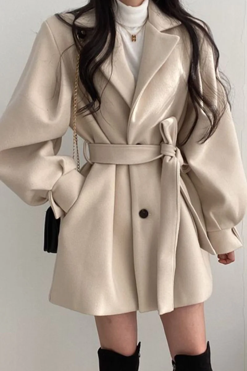 

korean autumn winter vintage suit collar two buckle lace woolen coat woman tweed jacket