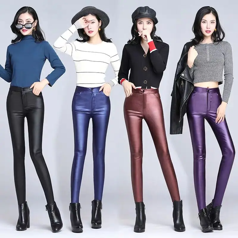 Женские кожаные брюки с высокой талией зима 2019 плотные матовые искусственная