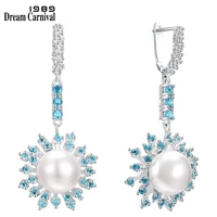 dreamcarnival1989 women elegant wedding earrings sun flower look 49mm long aquamarine zircon 12mm white pearl wholesale we3949s