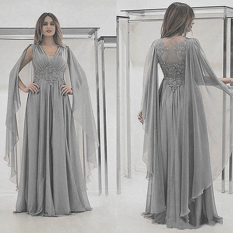 

Long Mother of the Bride Dress with Cape Silver Grey Chiffon Appliqued Lace Formal Evening Prom Gowns Wedding Party Guest