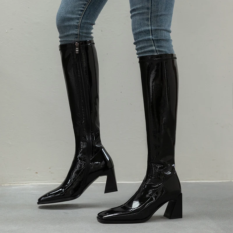

Genuine Leather Knee High Boots Zipper Square Toe High Heels Boots women Boots Retro Night Club Office Shoes Woman