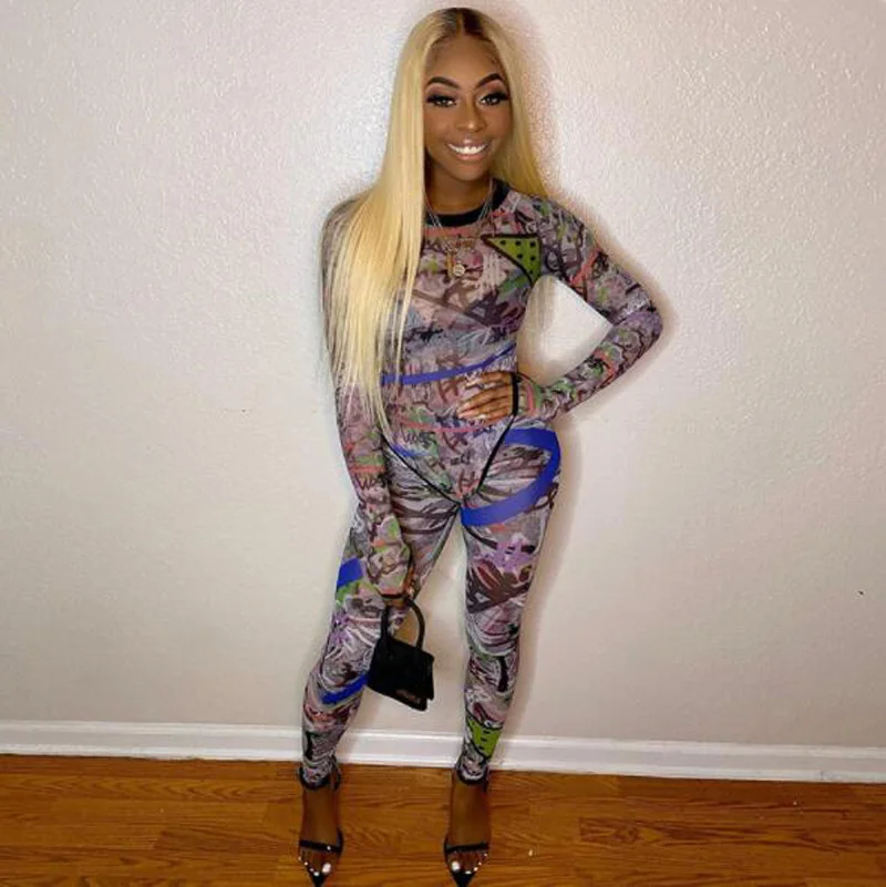 

Cultiseed European Women Sexy Perspective Print Jumpsuits Female New Fashion Long Pant Skinny Slim Hip Rompers Ladies Overalls