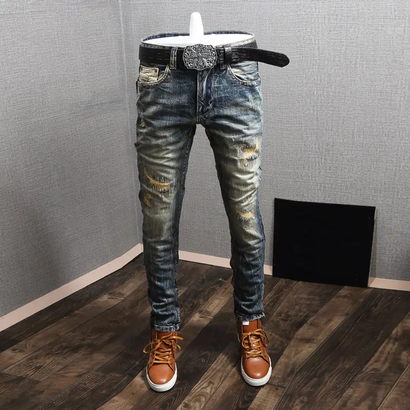 Newly Streetwear Fashion Men Jeans Distressed Slim Fit Destroyed Ripped Jeans Men Patchwork Vintage Designer Retro Denim Pants