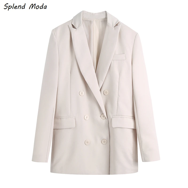 

Splend Moda 2021 Spring Autumn White Turn-Down Collar Double-Breasted Fashion Suit Jacket For Women Solid Color Casual Blazer