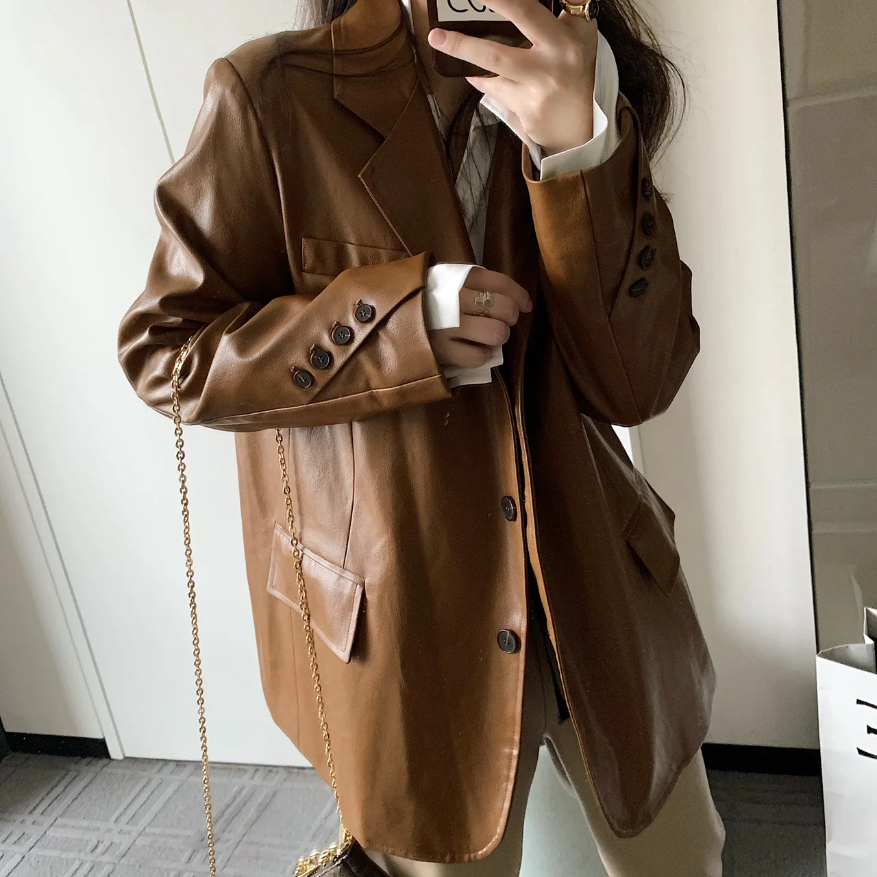 

2022 Ladies Fashion High Street Leather Blazer Coats Women Vintage Crocodile Pattern Leather PU Jacket Loose Casual Jackets