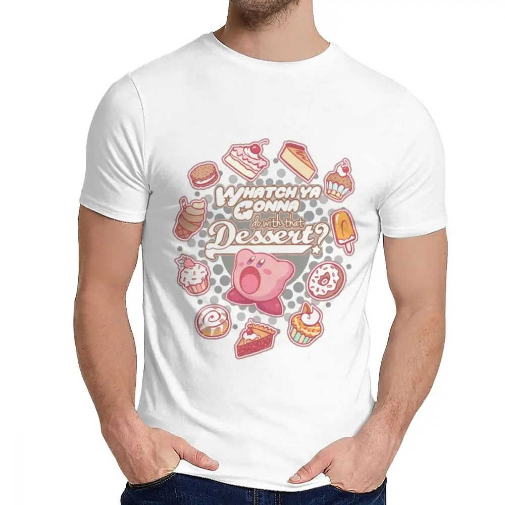 Футболка унисекс Kirby Whatch будет делать с десертом качество хлопка с круглым воротником для отдыха мультфильм дизайн La Camiseta - Цвет: Белый