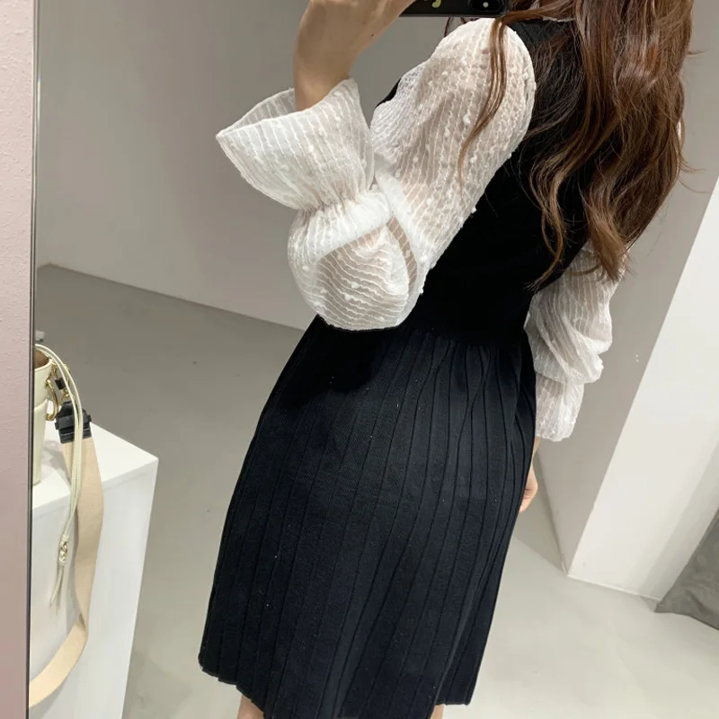 

2021 New Spring Long Sleeve Stitching Knitted Dress Women Korean Style Short Mini Sweater Dress Woman Knit Pullover Dress Female