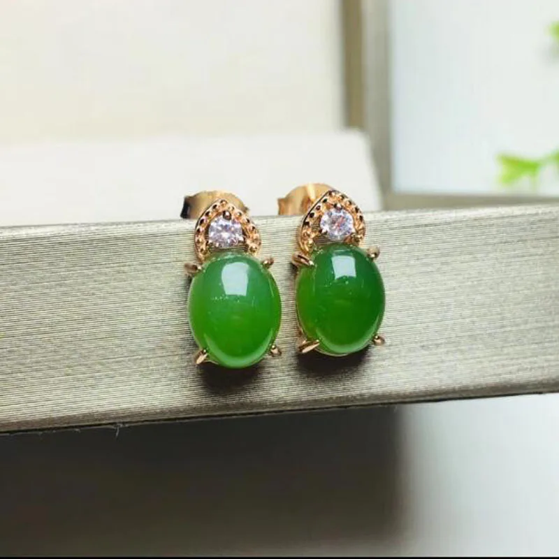 

Natural Hetian Jasper Edged With Zircon 925 Sterling Silver Fine Jewelry Green Jade Earrings For Women Christmas Gift