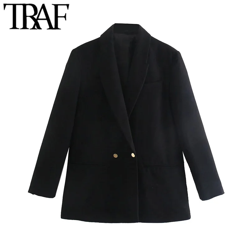 

TRAF Women Fashion Double Breasted Loose Fitting Blazer Coat Vintage Long Sleeve Pockets Female Outerwear Chic Veste Femme