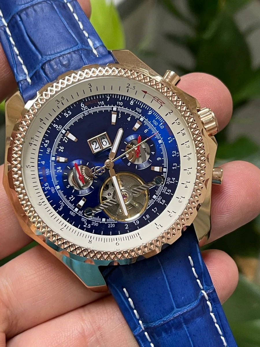 

Новые Мужские автоматические механические часы цвета розового золота, черного, синего, коричневого цвета с кожаным ремешком, браслет из нер...