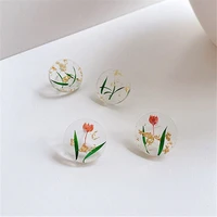 geometric round transparent epoxy flower stud earrings for woman retro fashion plant specimens flowers foil handmade jewelry