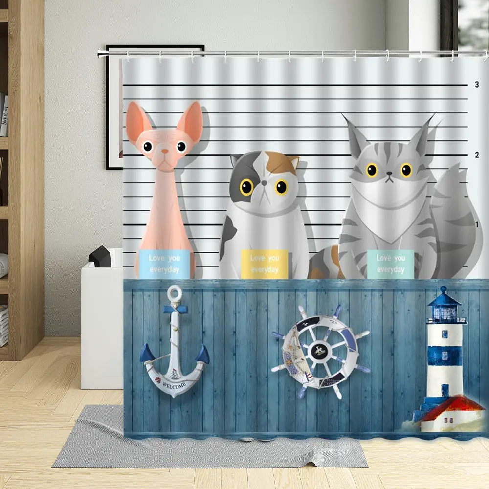 

Забавная креативная занавеска для ванной, водонепроницаемая шторка для душа из полиэстера с мультяшными животными и кошками, украшение для...