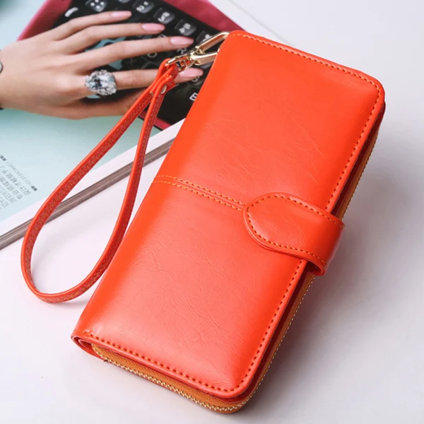 Orange ACELURE Solid Color Women Long Wallets Simple Style Zipper& Hasp Purse With Card Holder Oil Wax Pu Leather Ladies Daily Wallet - Цвет: Orange