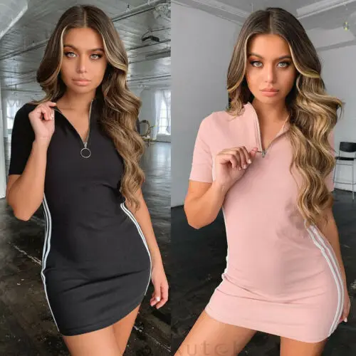 Женское облегающее платье рубашка Imcute на молнии для спортзала с коротким рукавом