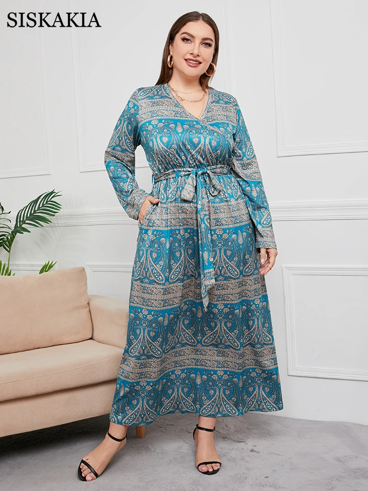 

Siskakia Plus Size Maxi Dress for Women Viscose Ethnic Print V Neck Long Sleeve Loose Casual Europe and America Arab Clothes 5XL