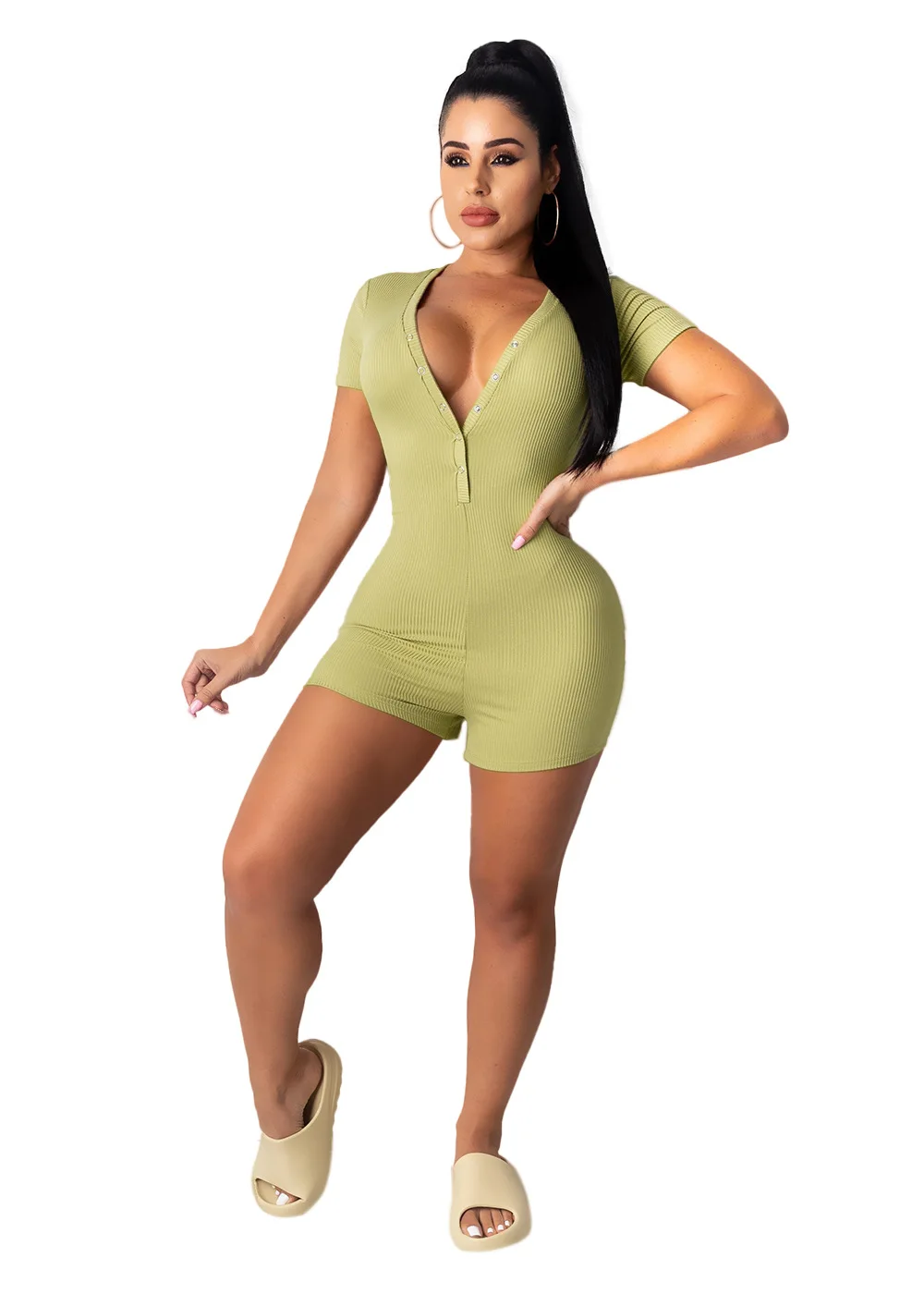 

2021 summer new fashion solid color leisure sports Jumpsuit slim V-neck short sleeve women's top and shorts