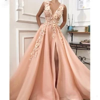 new arrival peach long prom dresses 2019 sexy high slit v neck floor length evening party gowns robe de soiree zipper back cheap
