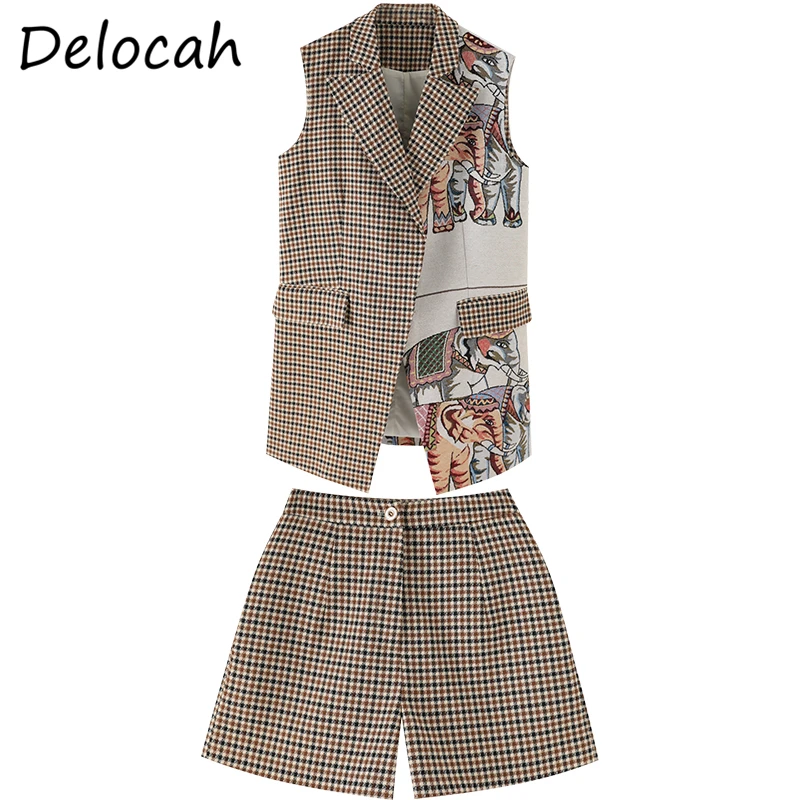 Фото Delocah New 2021 Autumn Women Fashion Runway Shorts Set Sleeveless Vintage Print Vest+High Waist Plaid 2 Two Pieces Suits Delocah New 2021 Autumn Women Fashion Runway Shorts Set Sleeveless Vintage Print Vest+High Waist Plaid 2 Two Pieces Suits
