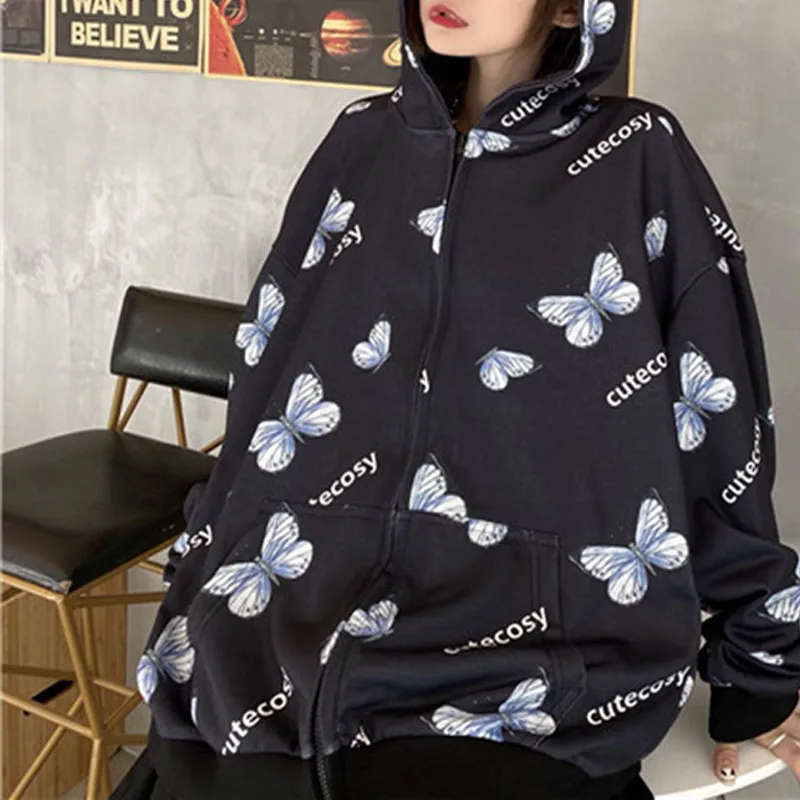 Butterfly Print Zipper Casual grunge Streetwear Harajuku y2k Oversized hoodie Winter Long Sleeve Kawaii Women sweetshirts Top