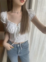 summer women shirts fashion solid round neck blouse 2021 korean new short sleeve short tops casual female clothing 6279