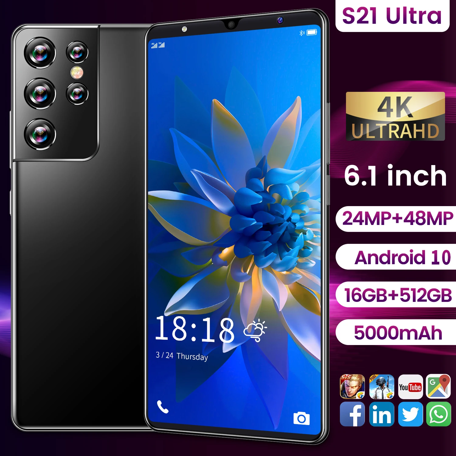 Tel&eacute;fono Inteligente S21 Ultra de 2021 pulgadas, 5G, MT6889, 16 + 6,1 GB, 512 mAh, largo modo de reposo, 24 + 48MP, SIM Dual, Android, novedad de 5000-2