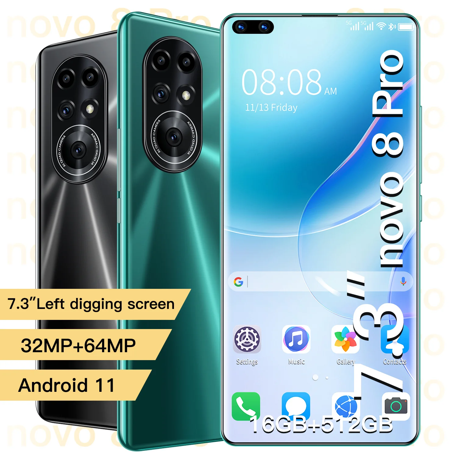 

Novo8 Pro 7.3 Inch 1344*2772 16GB+512GB 32MP+64MP Deca Core 5G LTE Bands Smart Phone Andriod 11 Fingerprint Unlock Cell Phones