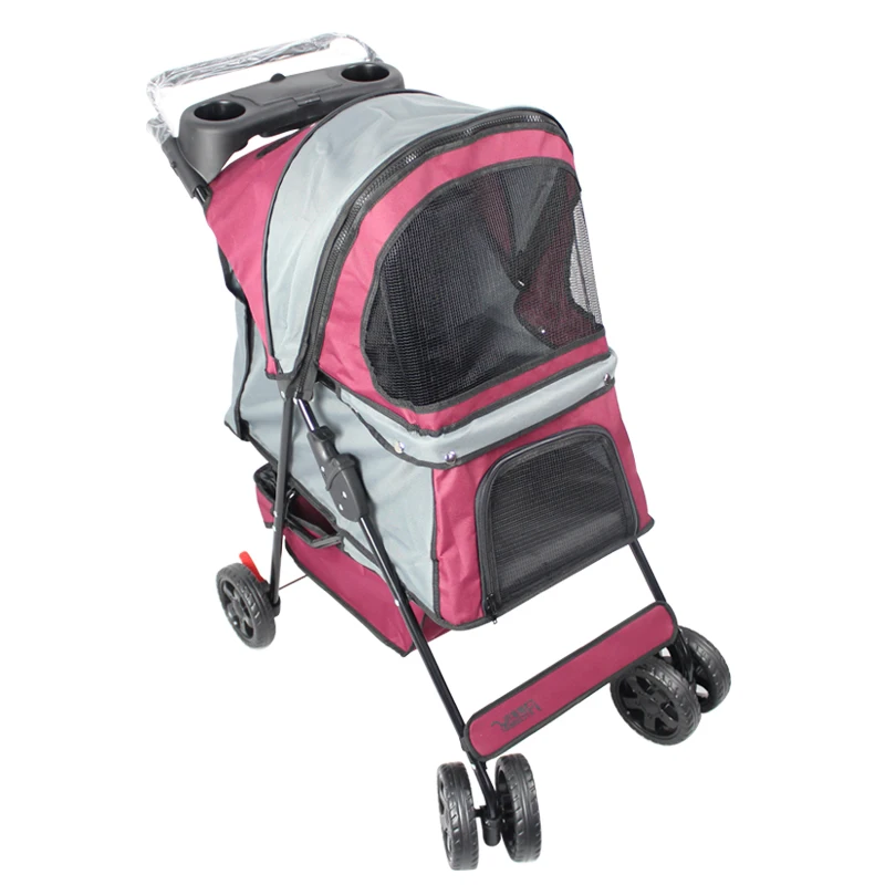 Folding Pet Stroller Lightweight Dog Four-wheeled Cart Rainproof Sunscreen Pet Supplies 600D Oxford Cloth with Removable Canopy