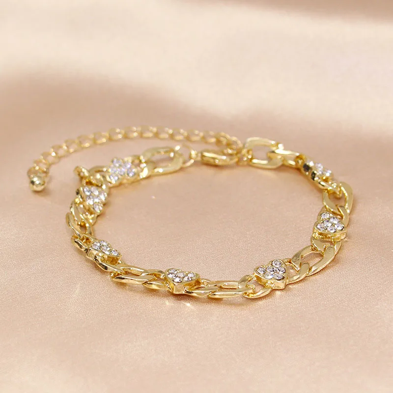 

Браслет стразы из кубинской цепи в форме сердца женский модный золотистый и серебристый браслет из сплава регулируемые ювелирные изделия п...