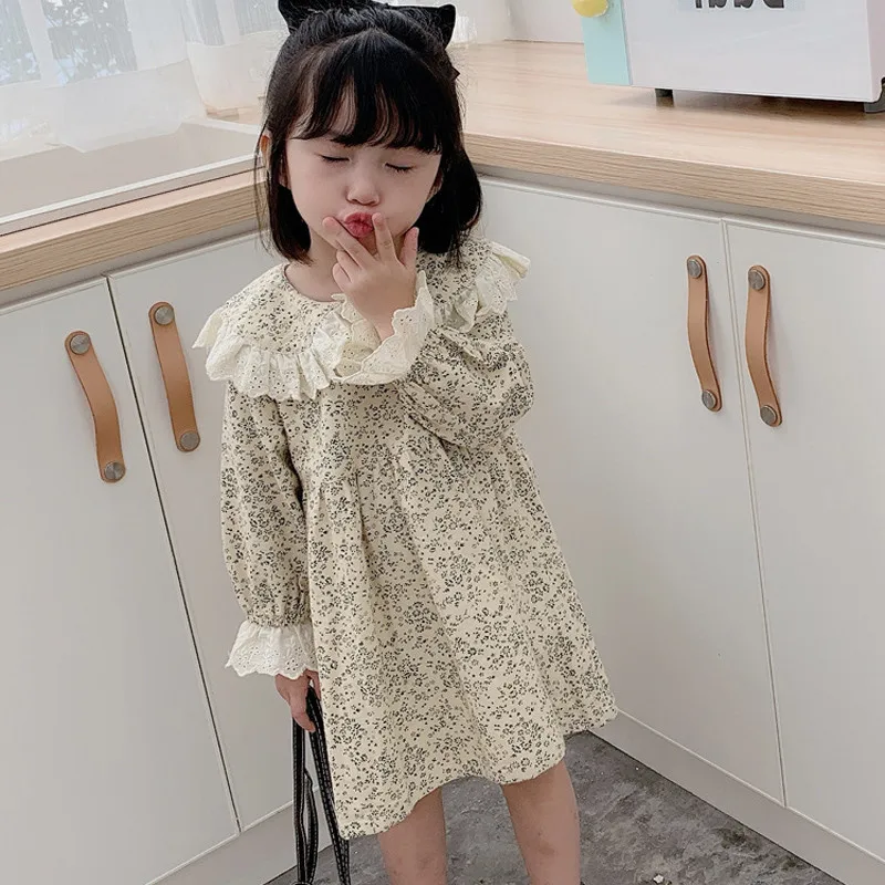 

2021 Spring New Arrival Girls Long Sleeve Lace Floral Dress Cotton Turn Down Collar A-line Princess Dress Vestido For 2-7Yrs