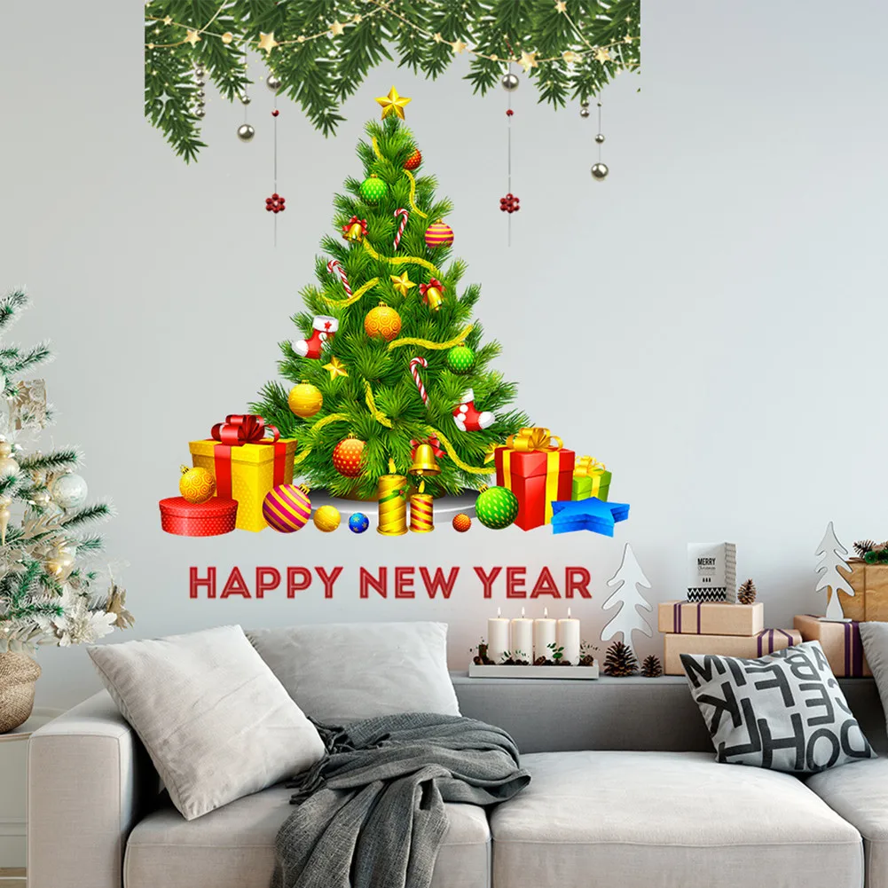 

DIY Christmas Tree Wall Sticker PVC Xmas Ball Gift Box Print Removable Window Stickers Art Decals Happy New Year Home Shop Decor