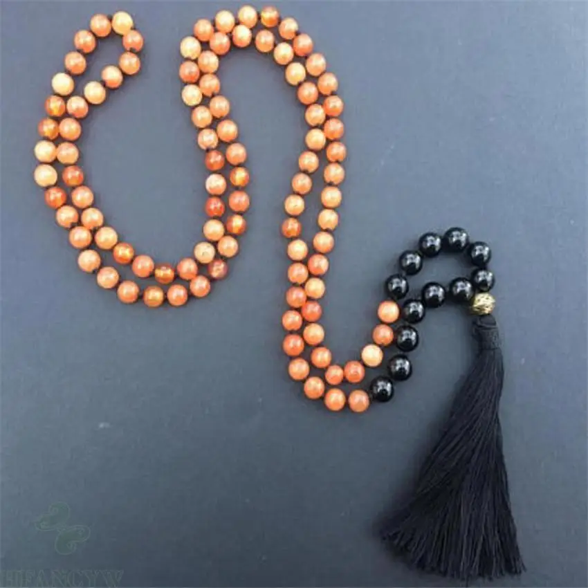 8mm obsidian orange Crystal Gemstone Mala necklace 108 Bead Veins natural Lucky pray Buddhism Healing Meditation Fancy chain