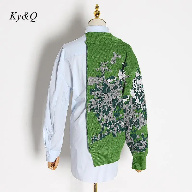 [High quality version] Brand Design Asymmetrical Women Tops Long-sleeved Knit Sweater Shirt Patchwork 2021 new Chic Clothes | Женская