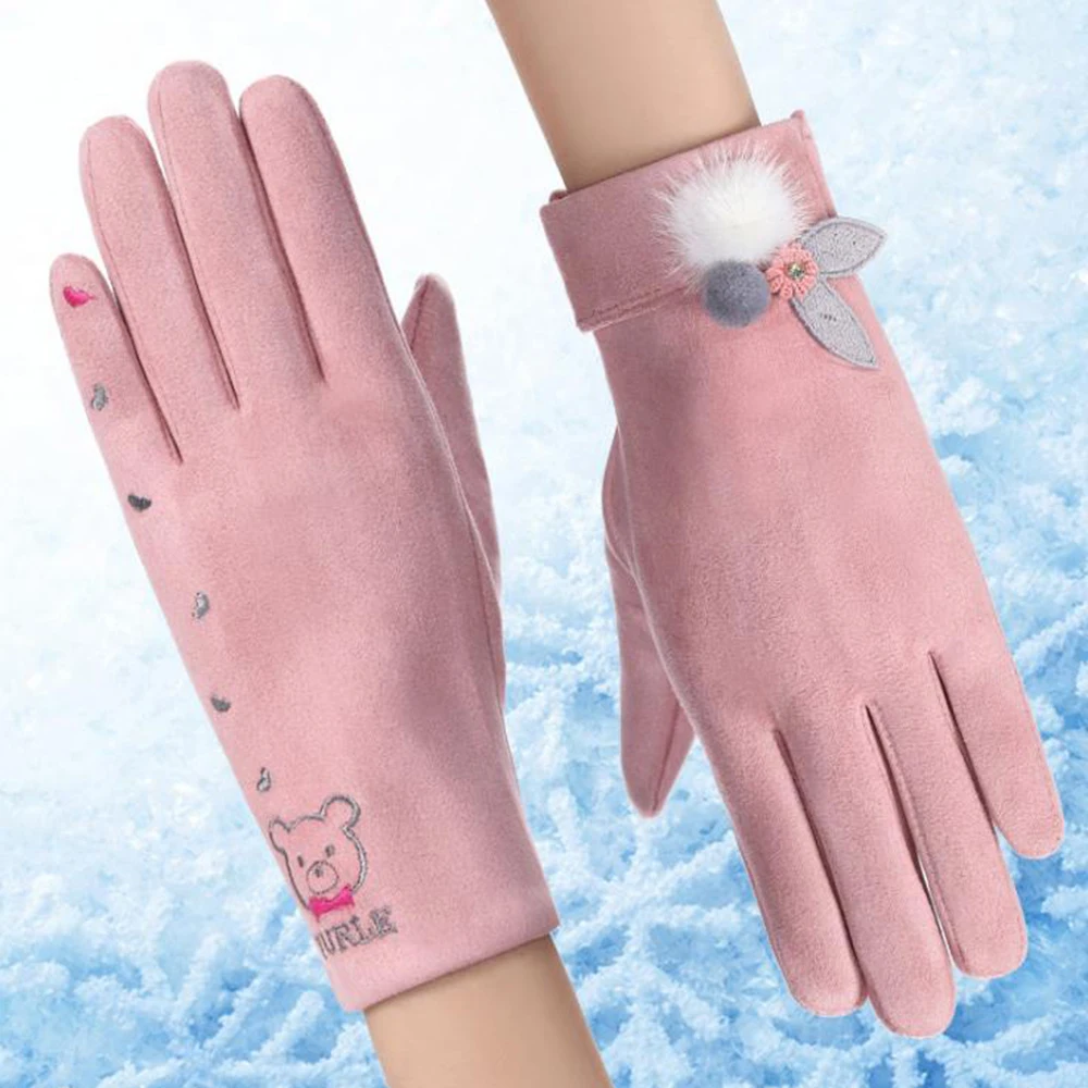 

Women Winter Warm Mittens Gloves Lovely Cartoon Touch Screen Gloves Plus Velvet Suede Outdoor Cycling Driving Cold-proof Gloves