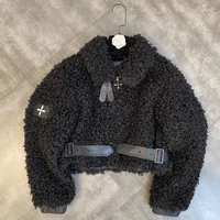 2021 winter lapel long sleeve pu buckle waist simulation sheep curly cool handsome street cotton padded clothes